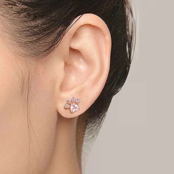 New Rose Gold Paws Zircon Stud Earrings - Picture 2 of 5